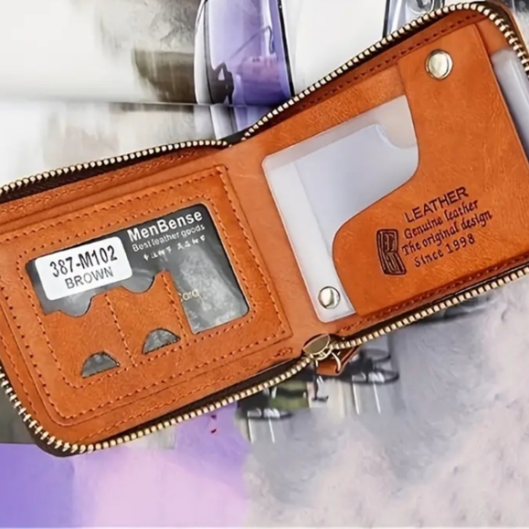 BROWN LEATHER $100 BILL EMBOSSED WALLET ZIP AROUND HOLDS MANY ITEMS RFID PROTECT - Picture 4 of 7